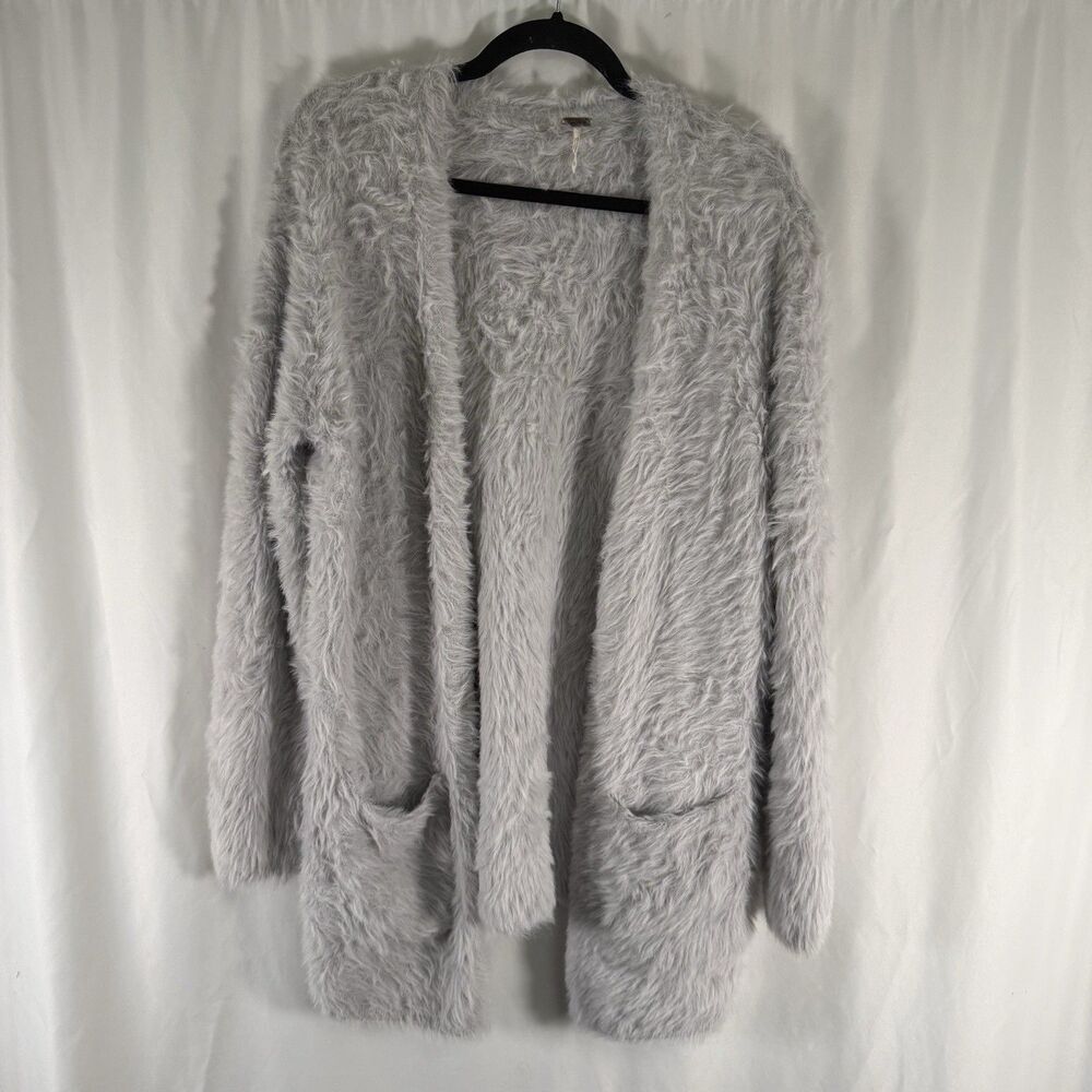 Free People Jacket Women Medium Grey Faux Fur Open Front Soft Stretch Open Front